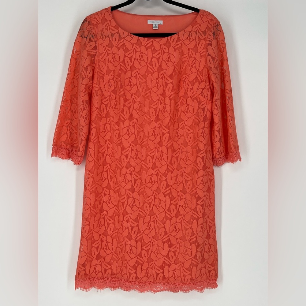 LONDON TIMES lace dress, 3/4‎ sleeve, knee-length sheath style w/floral overlay